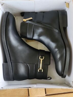 Black Micheal Kors Leather Ankle Boots with Gold Bit Detail